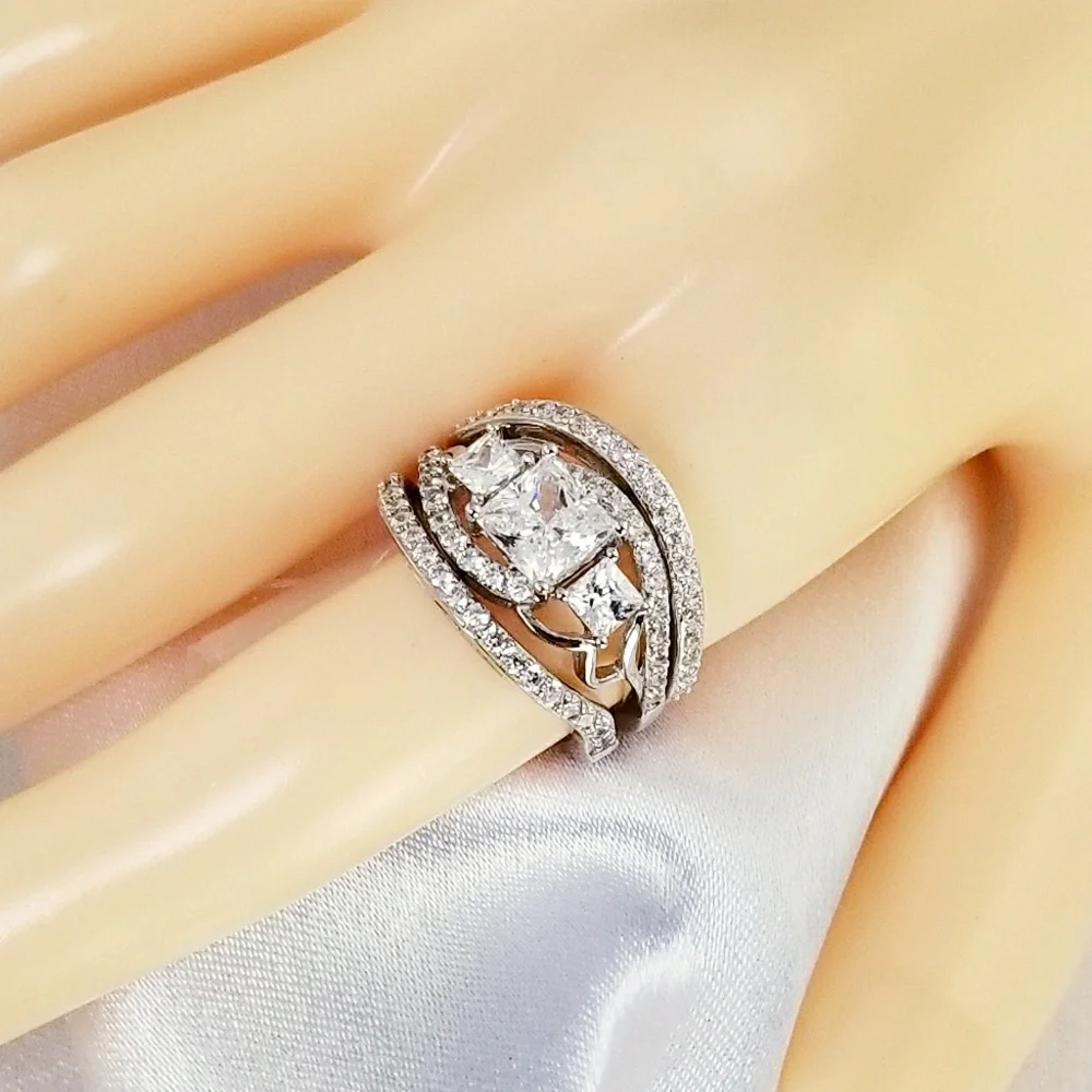 3pc Real 925 Princess Cut Engagement Wedding Ring